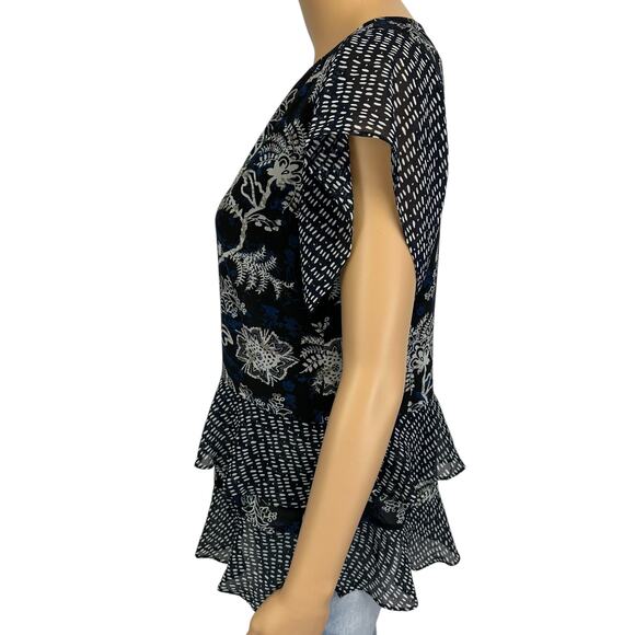 2/$30 Cabi Hybrid Layered Blouse Navy Blue Floral Ruffle Sleeve #5355 Size S - Picture 6 of 12